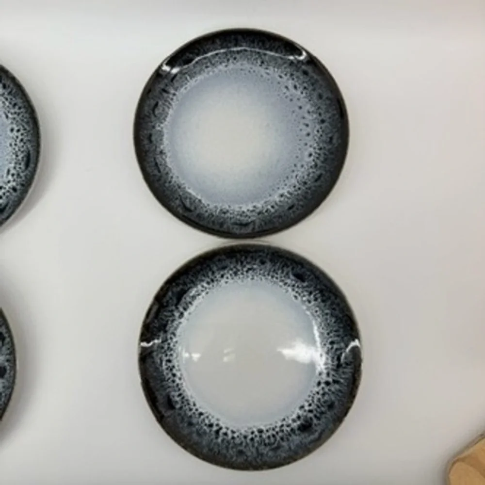 West Elm Reactive Glaze Salad Plates Set of 4 Black‎ White Stoneware Portugal